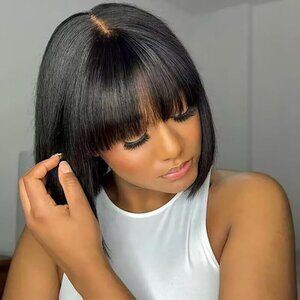Short Black Human Hair Bob Wigs With Bangs Straight Realistic Scalp Glueless Non